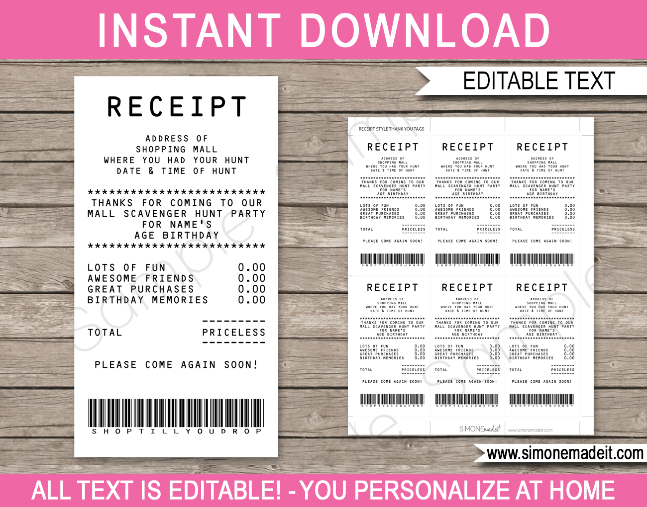 Mall Scavenger Hunt Favor Tags | Receipt | Thank You Tags | Birthday Party | Editable DIY Template | $3.00 INSTANT DOWNLOAD via SIMONEmadeit.com