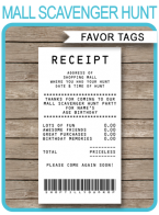 Mall Scavenger Hunt Party Favor Tags | Receipt | Thank You Tags | Editable Birthday Party Template