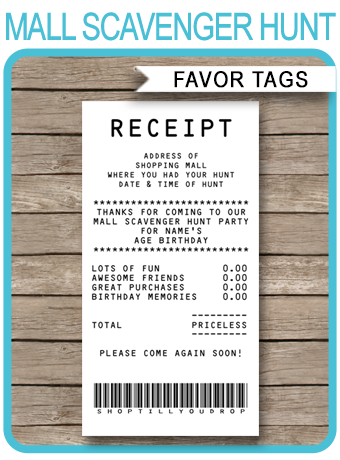 Mall Scavenger Hunt Party Receipt Favor Tags - 340 x 460 png 178kB