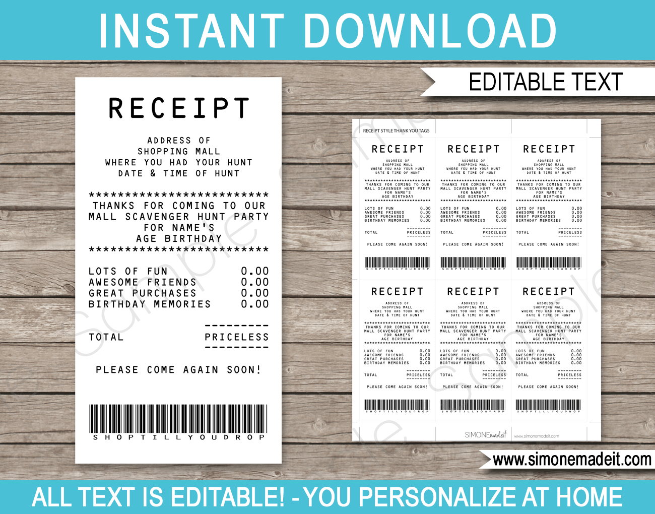 Mall Scavenger Hunt Party Receipt Favor Tags | Thank You Tags | Birthday Party | Editable DIY Template | $3.00 INSTANT DOWNLOAD via SIMONEmadeit.com