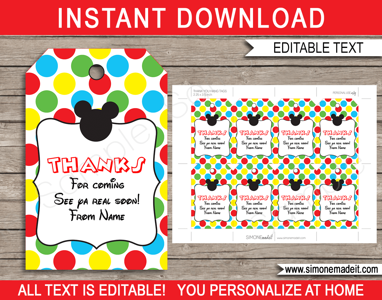 Mickey Mouse Party Favor Tags | Thank You Tags | Birthday Party | Editable DIY Template | $3.00 INSTANT DOWNLOAD via SIMONEmadeit.com