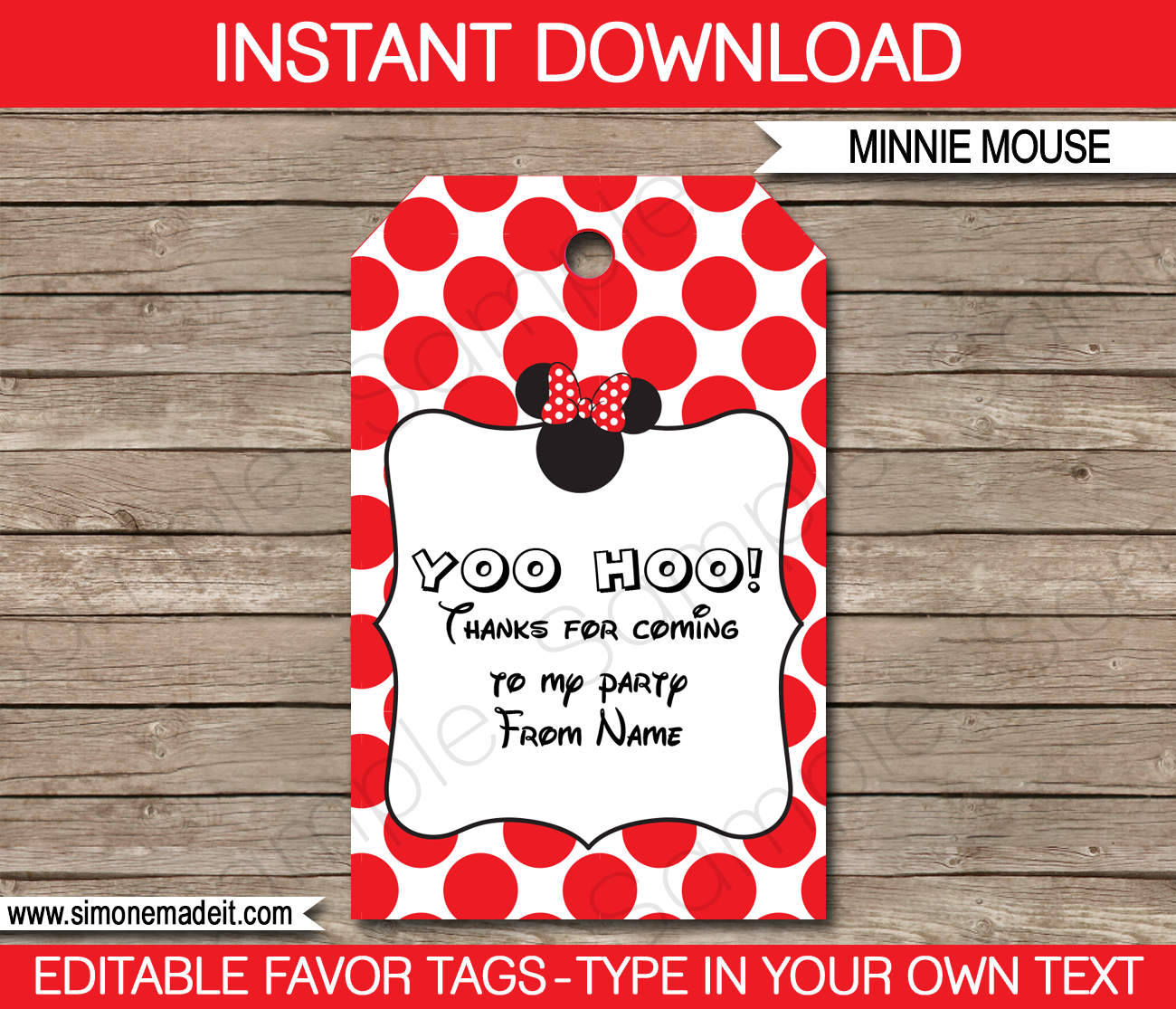 Red Minnie Mouse Birthday Party Favor Tags | Thank You Tags | Birthday Party | Editable DIY Template | $3.00 INSTANT DOWNLOAD via SIMONEmadeit.com