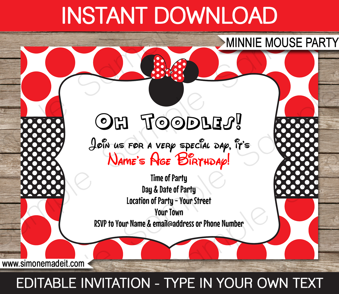 Red Minnie Mouse Birthday Party Invitations | Minnie Mouse Party Theme | Editable DIY Template | $7.50 INSTANT DOWNLOAD via SIMONEmadeit.com