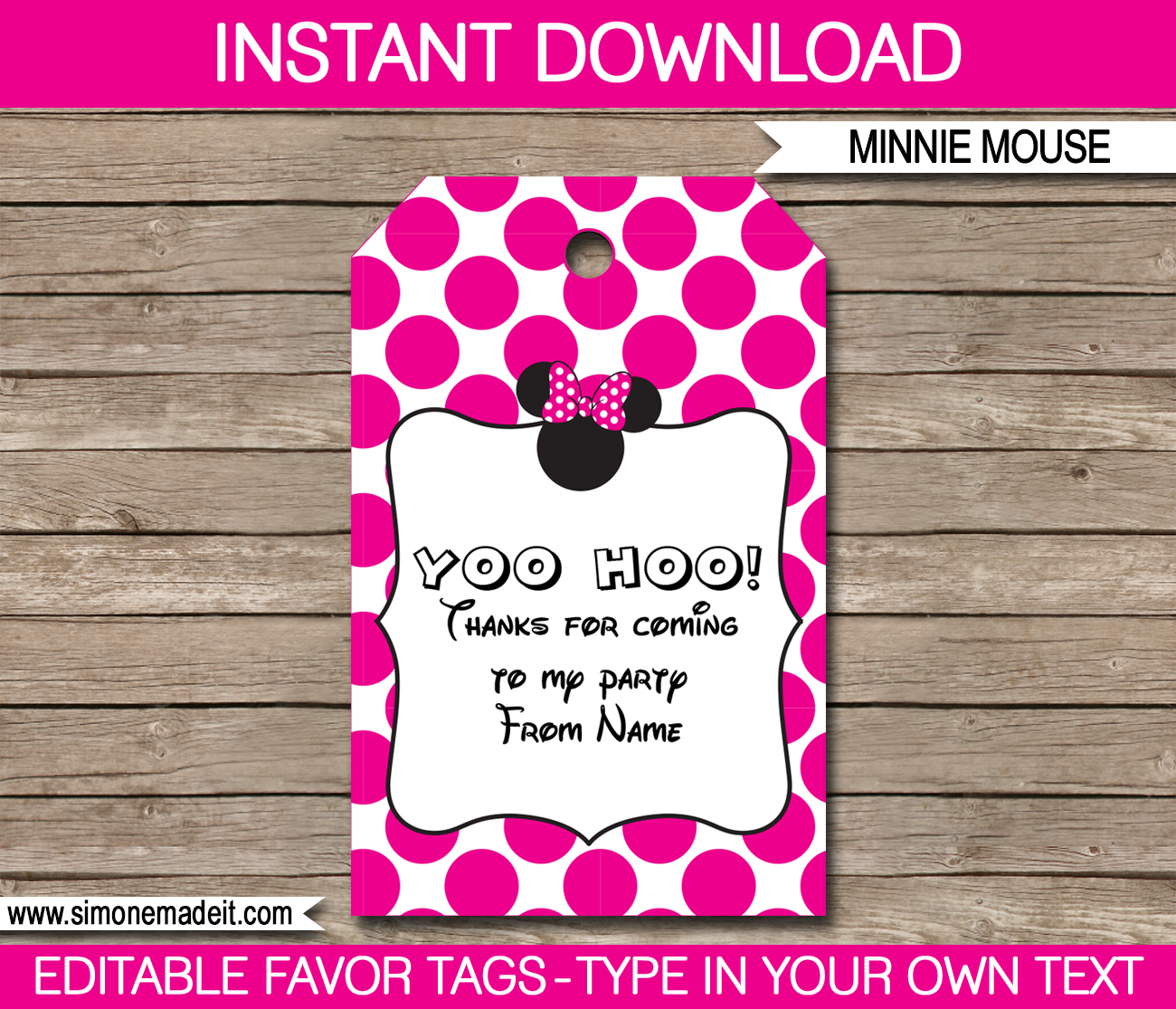 Minnie Mouse Party Favor Tags | Thank You Tags | Birthday Party | Editable DIY Template | $3.00 INSTANT DOWNLOAD via SIMONEmadeit.com