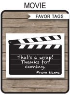 Movie Party Favor Tags | Thank You Tags | Birthday Party | Movie Night | Editable DIY Template | $3.00 INSTANT DOWNLOAD via SIMONEmadeit.com