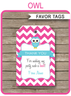 Owl Party Favor Tags template – pink