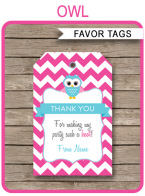 Owl Birthday Party Favor Tags | Pink | Thank You Tags | Editable Template