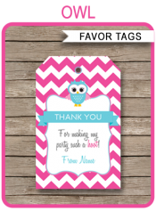 Owl Birthday Party Favor Tags | Pink | Thank You Tags | Editable Template