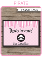 Pink Pirate Birthday Party Favor Tags | Thank You Tags | Editable DIY Template