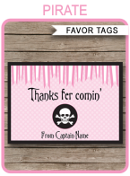 Pink Pirate Birthday Party Favor Tags | Thank You Tags | Editable DIY Template