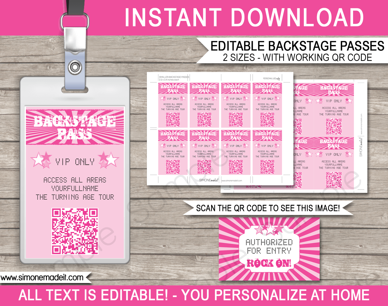 Rockstar Party Backstage Passes | Printable Inserts | QR Codes | Party Favors | Birthday Party | Editable DIY Template | $3.50 INSTANT DOWNLOAD via SIMONEmadeit.com