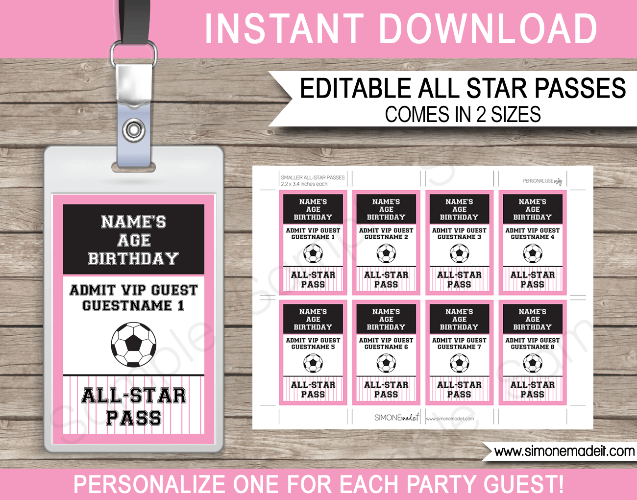 Girls Soccer Birthday Party All Star VIP Passes | Printable Inserts | Party Favors |  Editable DIY Template | $3.50 INSTANT DOWNLOAD via SIMONEmadeit.com