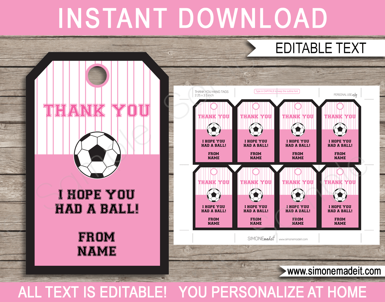 Pink Soccer Birthday Party Favor Tags | Thank You Tags | Editable DIY Template | $3.00 INSTANT DOWNLOAD via SIMONEmadeit.com