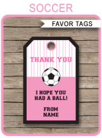 Pink Soccer Birthday Party Favor Tags | Thank You Tags | Editable DIY Template