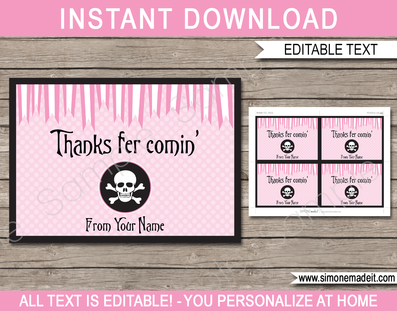 Pink Pirate Birthday Party Favor Tags | Thank You Tags | Editable DIY Template | $3.00 INSTANT DOWNLOAD via SIMONEmadeit.com