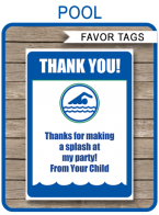 Pool Party Favor Tags | Thank You Tags | Birthday Party | Swim Club | Editable Template