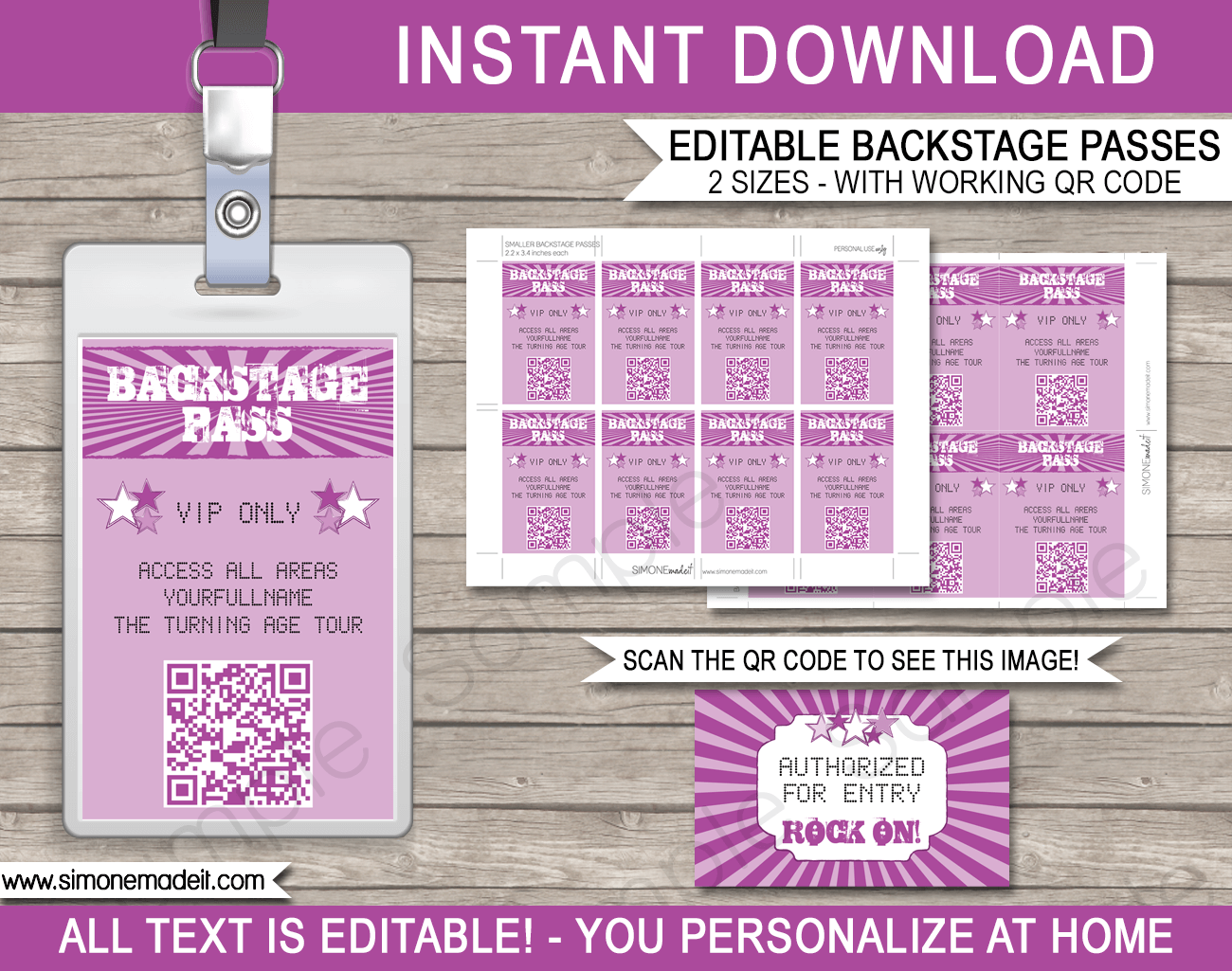 Rock Star Party Backstage Passes | Printable Inserts | QR Codes | Party Favors | Birthday Party | Editable DIY Template | $3.50 INSTANT DOWNLOAD via SIMONEmadeit.com