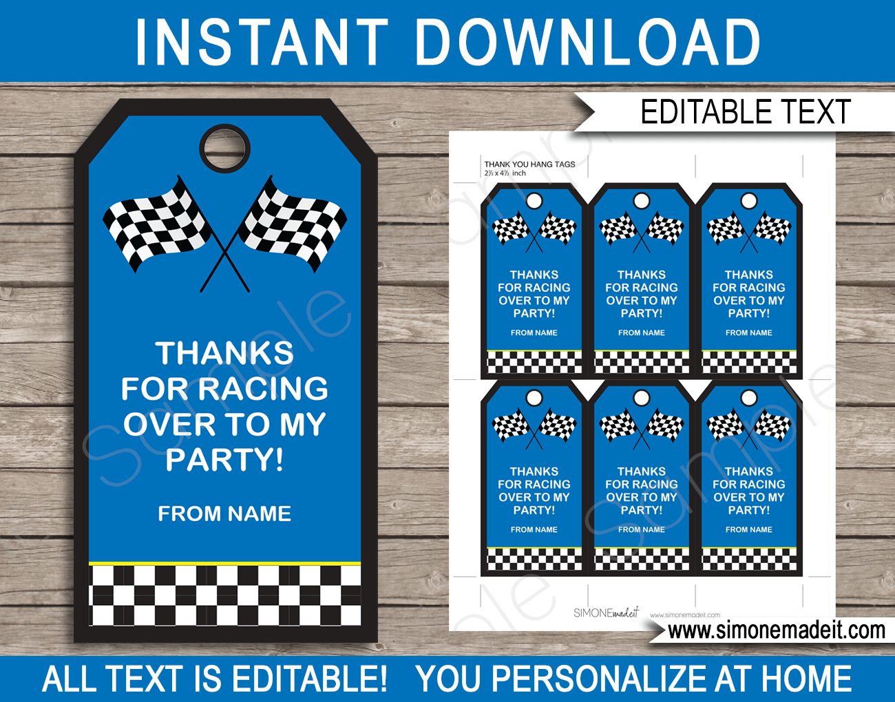 Blue Race Car Birthday Party Favor Tags | Thank You Tags | Editable DIY Template | $3.00 INSTANT DOWNLOAD via SIMONEmadeit.com