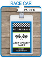 Race Car Birthday Party Pit Crew Passes | Custom Party Favors | Editable DIY Template