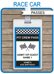 Race Car Birthday Party Pit Crew Passes | Custom Party Favors | Editable DIY Template