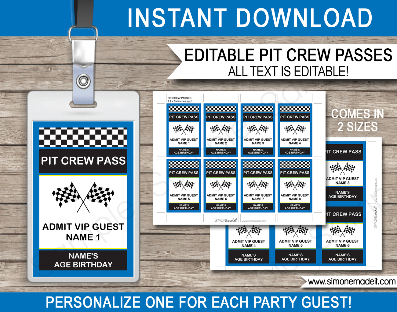Race Car Birthday Party Pit Crew Passes | Printable Inserts | Party Favors | Editable DIY Template | $3.50 INSTANT DOWNLOAD via SIMONEmadeit.com