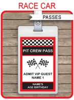 Race Car Party Pit Crew Passes template – red