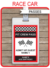 Race Car Party Pit Crew Passes | Custom Party Favors | Editable DIY Template