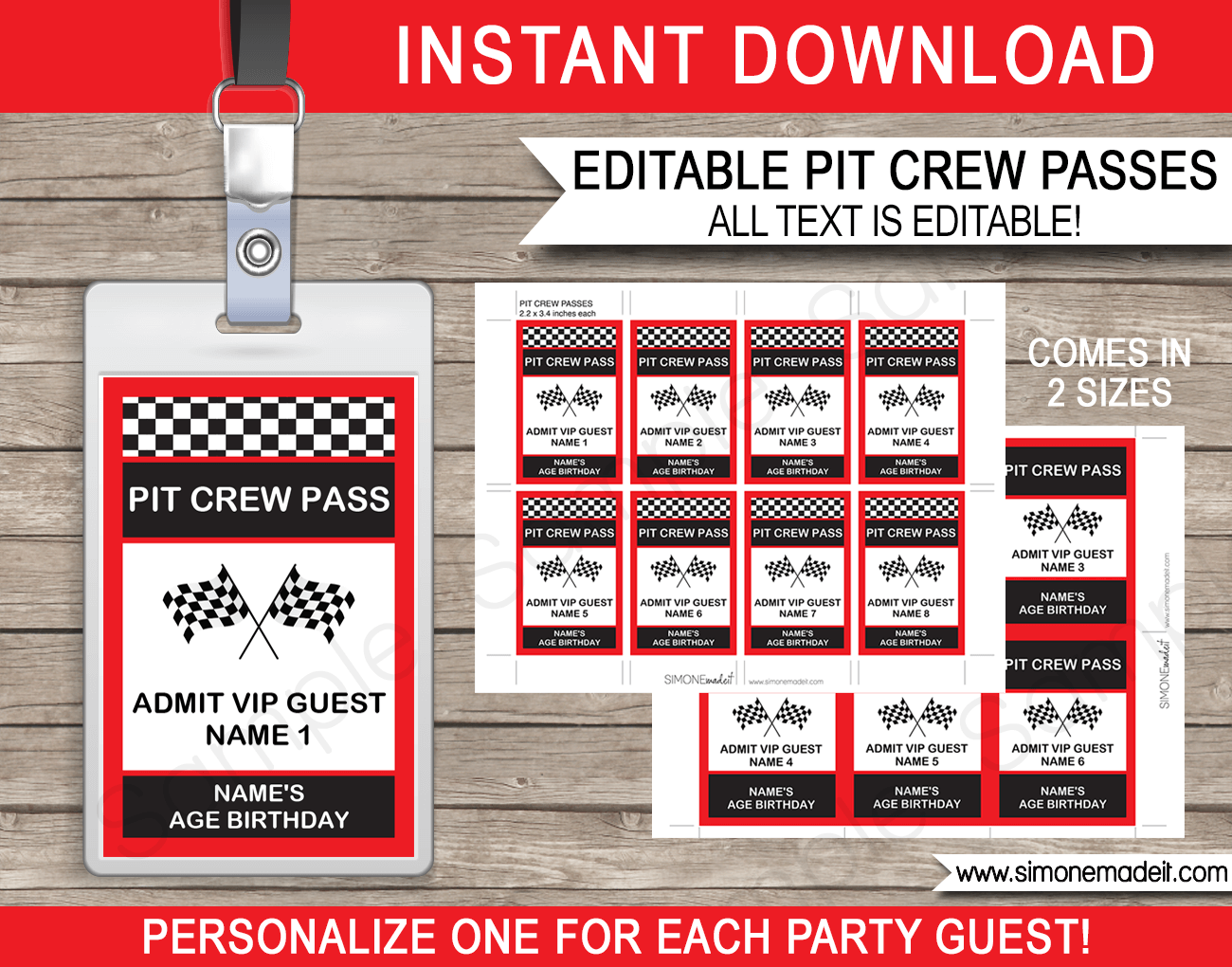 Race Car Party Pit Crew Passes | Printable Inserts | Party Favors | Birthday Party | Editable DIY Template | $3.50 INSTANT DOWNLOAD via SIMONEmadeit.com