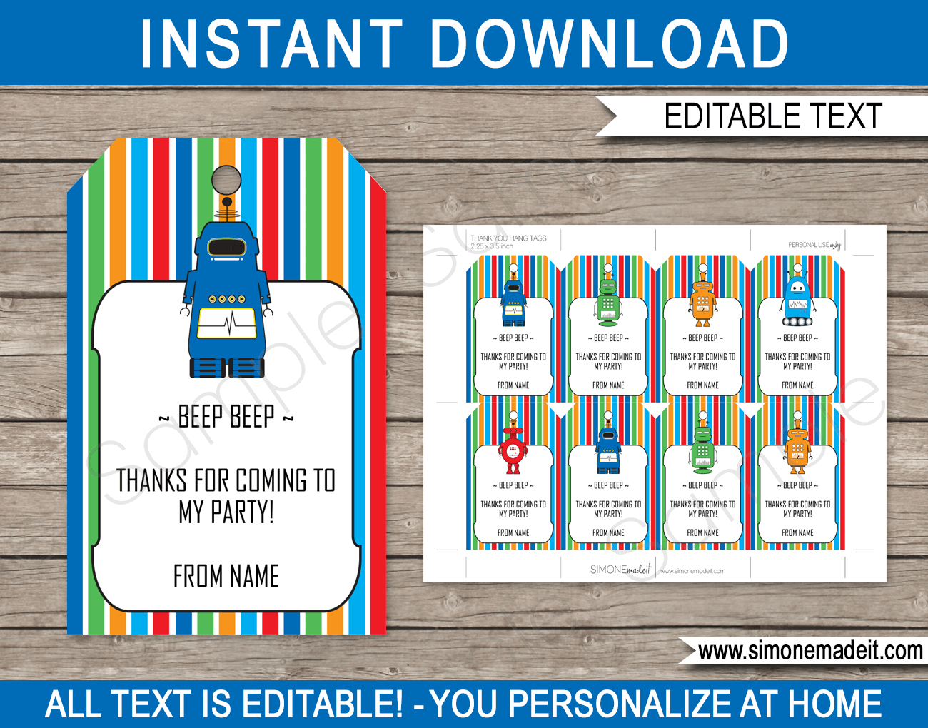 Robot Party Favor Tags | Thank You Tags | Birthday Party | Editable DIY Template | $3.00 INSTANT DOWNLOAD via SIMONEmadeit.com