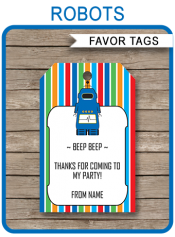 Robot Party Favor Tags | Thank You Tags | Editable Birthday Party Template