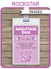 Rock Star Party Backstage Passes | Custom Party Favors | Editable DIY Template