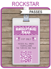 Rock Star Party Backstage Passes | Custom Party Favors | Editable DIY Template