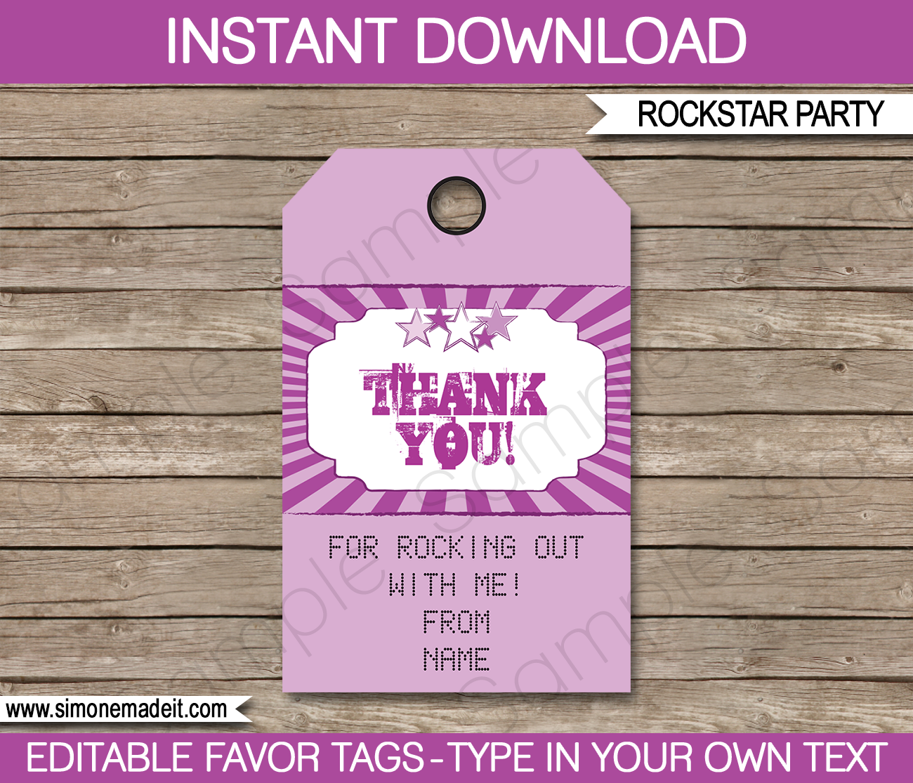 Rock Star Party Favor Tags | Thank You Tags | Birthday Party | Purple | Editable Template