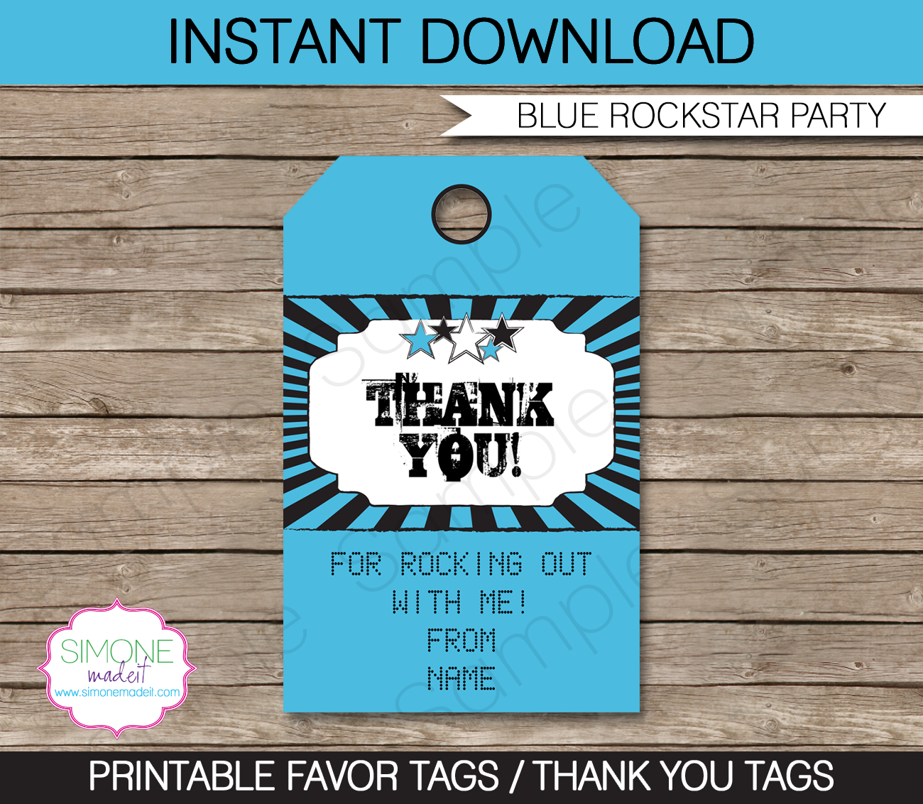 Rockstar Birthday Party Favor Tags | Thank You Tags | Blue | Editable Template