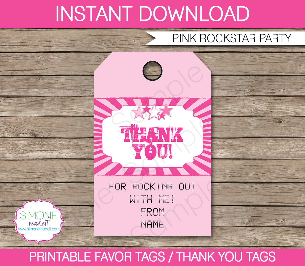 Rockstar Party Favor Tags | Thank You Tags | Birthday Party | Pink | Editable Template