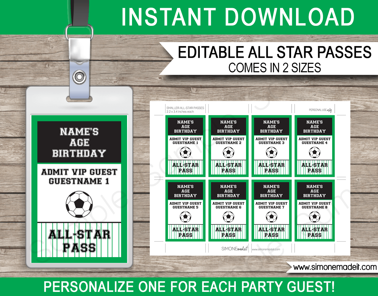 Soccer Party All Star VIP Passes | Printable Inserts | Party Favors | Birthday Party | Editable DIY Template | $3.50 INSTANT DOWNLOAD via SIMONEmadeit.com