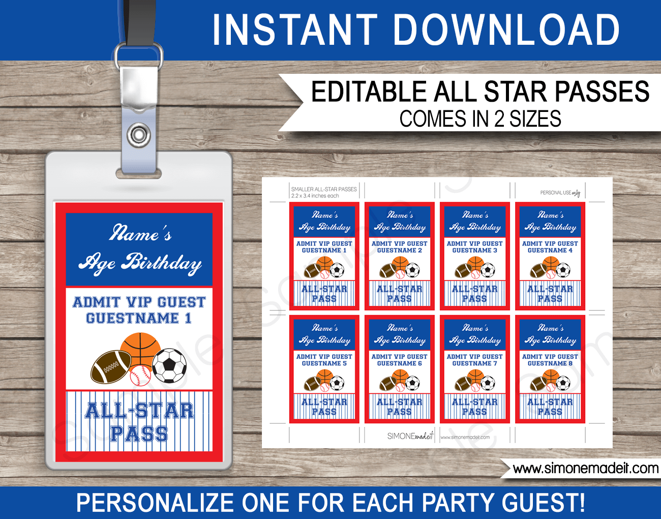 All Star Sports Party VIP Passes | Printable Inserts | Party Favors | Birthday Party | Editable DIY Template | $3.50 INSTANT DOWNLOAD via SIMONEmadeit.com
