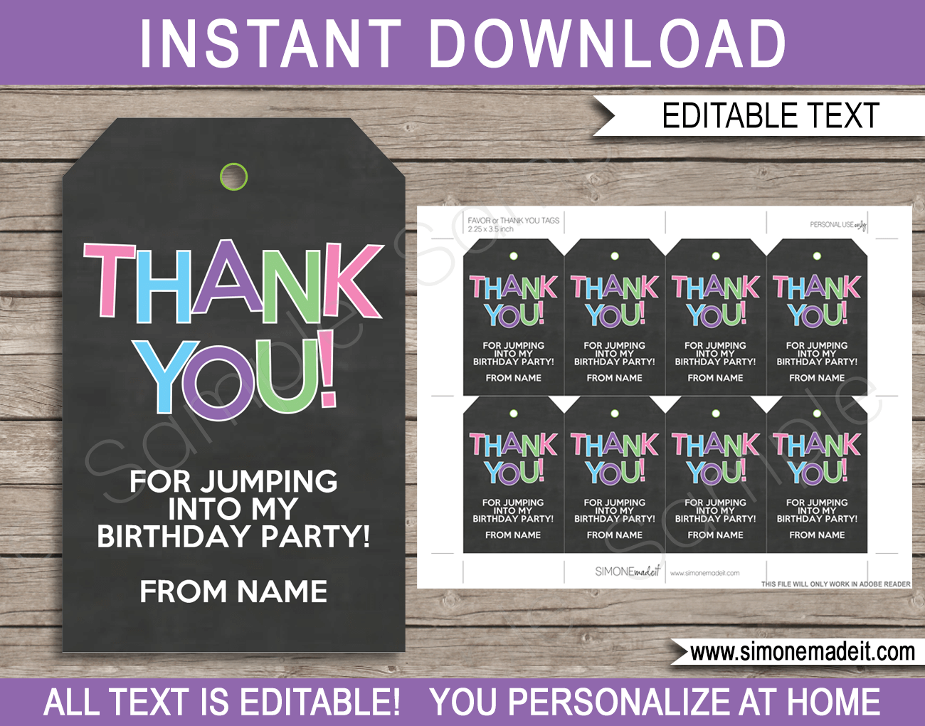 Girls Trampoline Birthday Party Favor Tags | Thank You Tags | Birthday Party | Editable DIY Template | $3.00 INSTANT DOWNLOAD via SIMONEmadeit.com