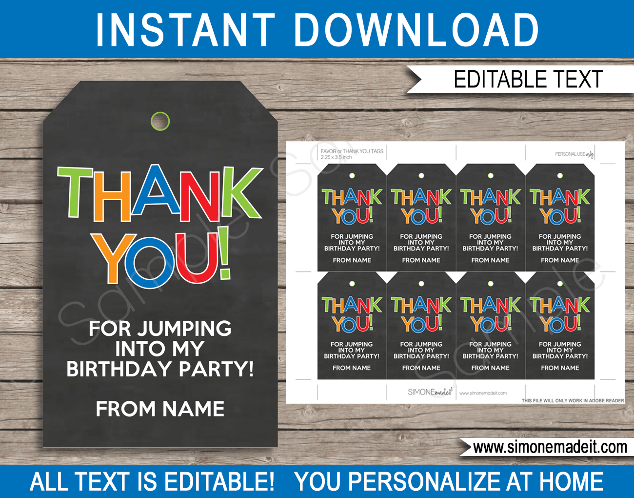 Trampoline Party Favor Tags | Thank You Tags | Birthday Party | Editable DIY Template | $3.00 INSTANT DOWNLOAD via SIMONEmadeit.com