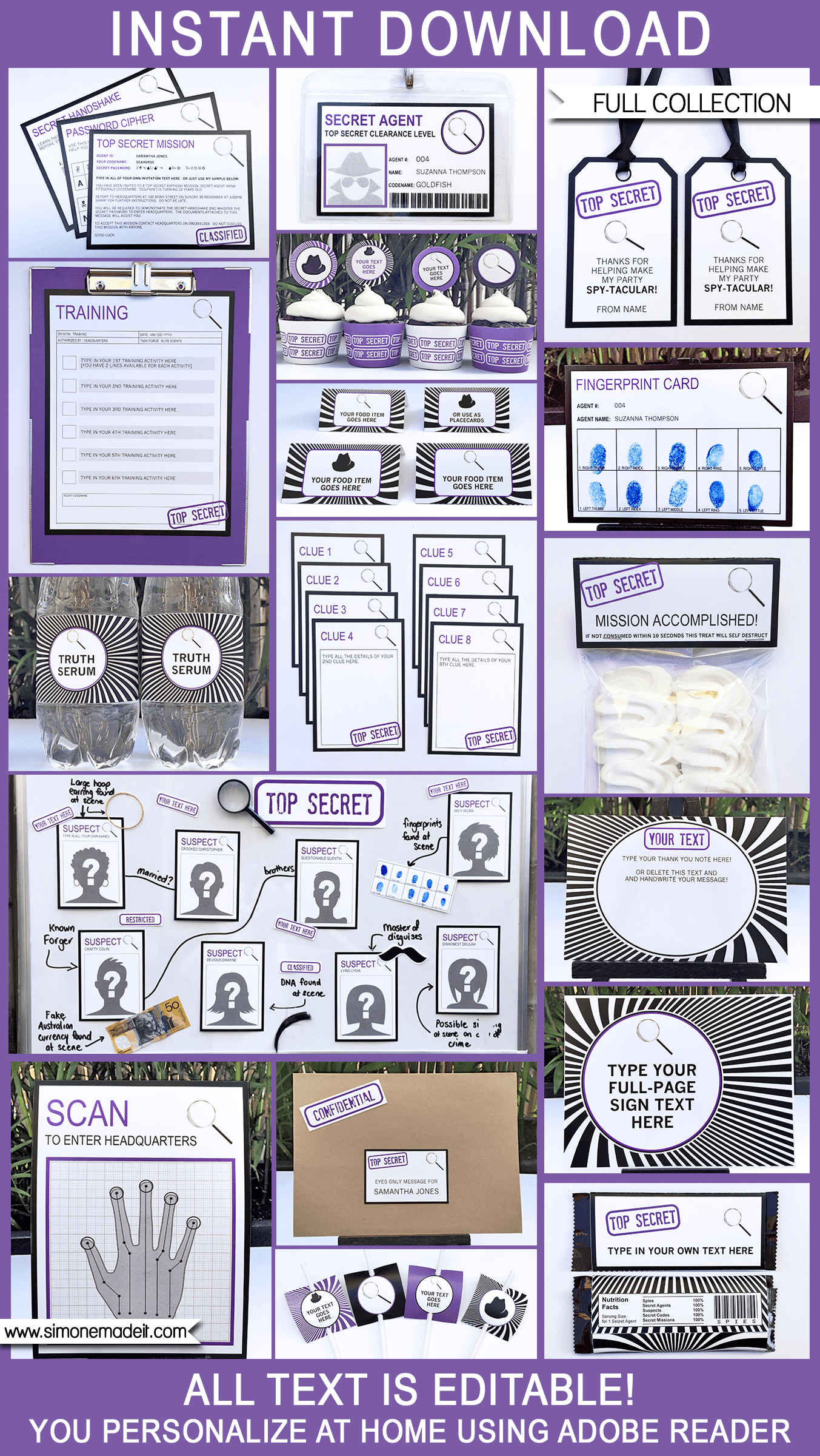 Purple Secret Agent Birthday Party Printables, Invitations & Decorations | Spy Theme | Secret Codes & Ciphers | Editable templates | INSTANT DOWNLOAD via SIMONEmadeit.com