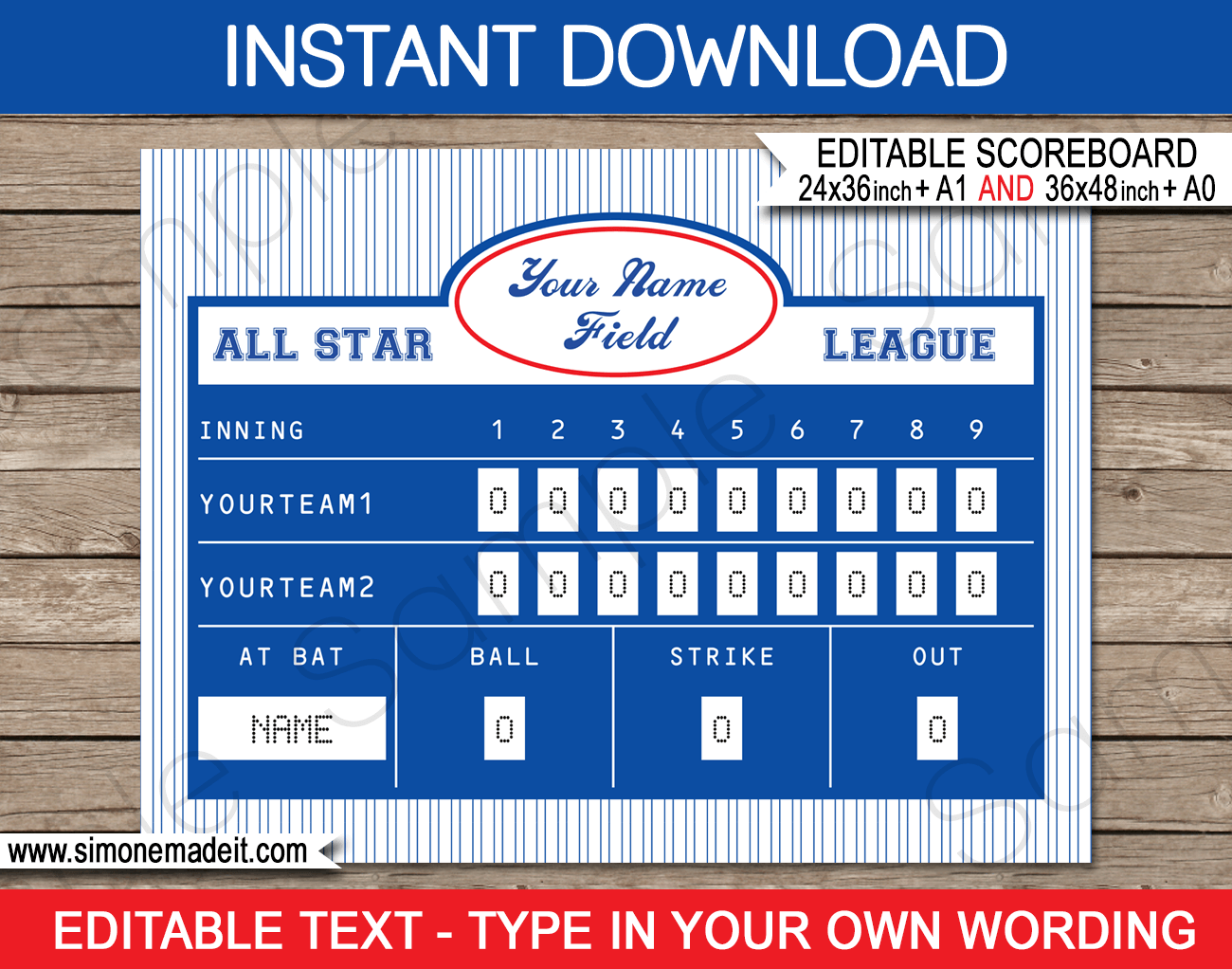 Baseball Party Scoreboard Backdrop | Editable PDF File | Printable DIY Template | 36x48 inches | A0 | $4.00 via SIMONEmadeit.com