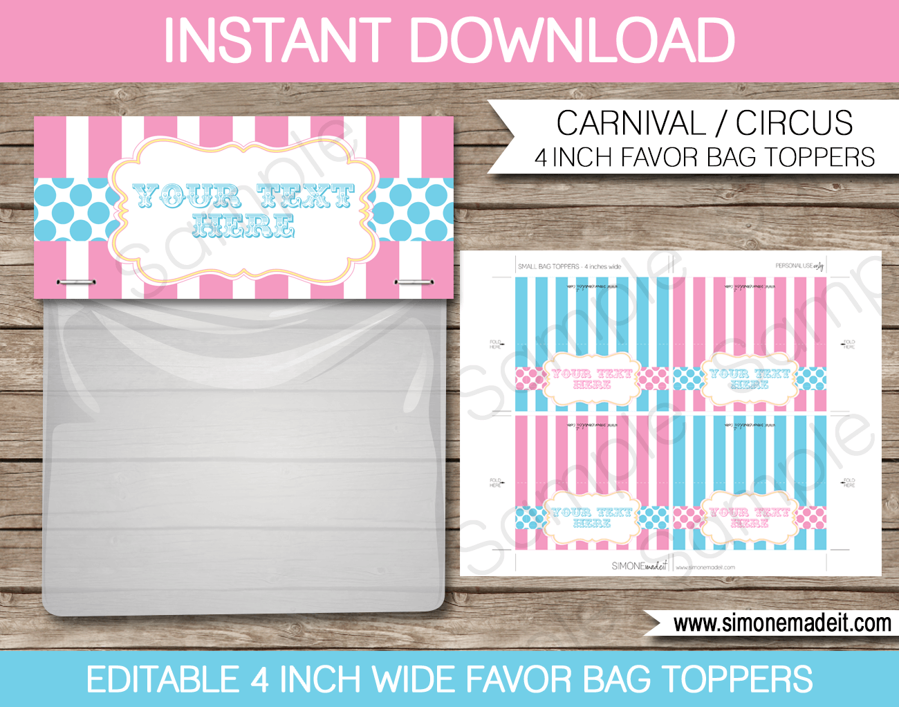Pink & Aqua Editable Carnival Favor Bag Toppers | Circus | Birthday Party | Printable DIY Template | $3.00 INSTANT DOWNLOAD via SIMONEmadeit.com