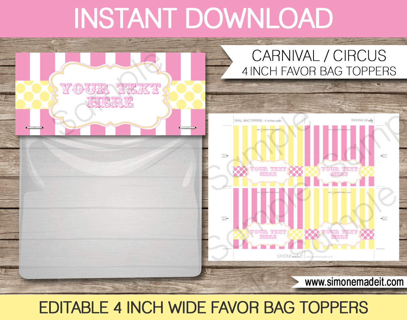 Pink & Yellow Editable Carnival Favor Bag Toppers | Circus or Carnival Party | Printable DIY Template | $3.00 INSTANT DOWNLOAD via SIMONEmadeit.com