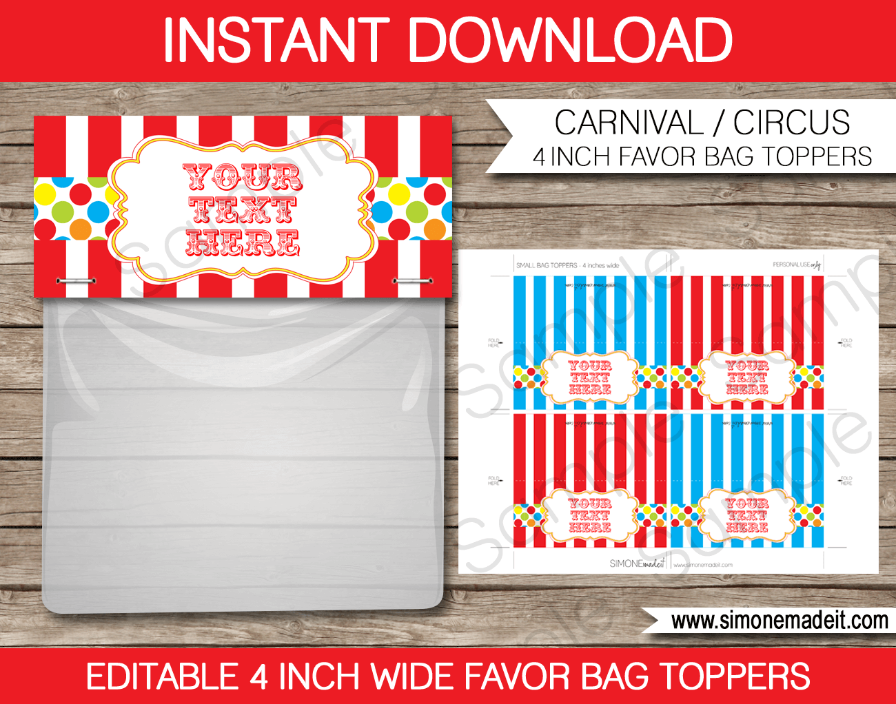 Editable Carnival Party Favor Bag Toppers | Circus | Birthday Party | Printable DIY Template | $3.00 INSTANT DOWNLOAD via SIMONEmadeit.com