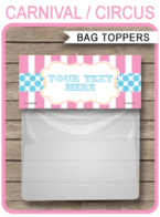 Aqua & Pink Editable Carnival Favor Bag Toppers Template - Printable Birthday Party Favor Tags - Circus theme