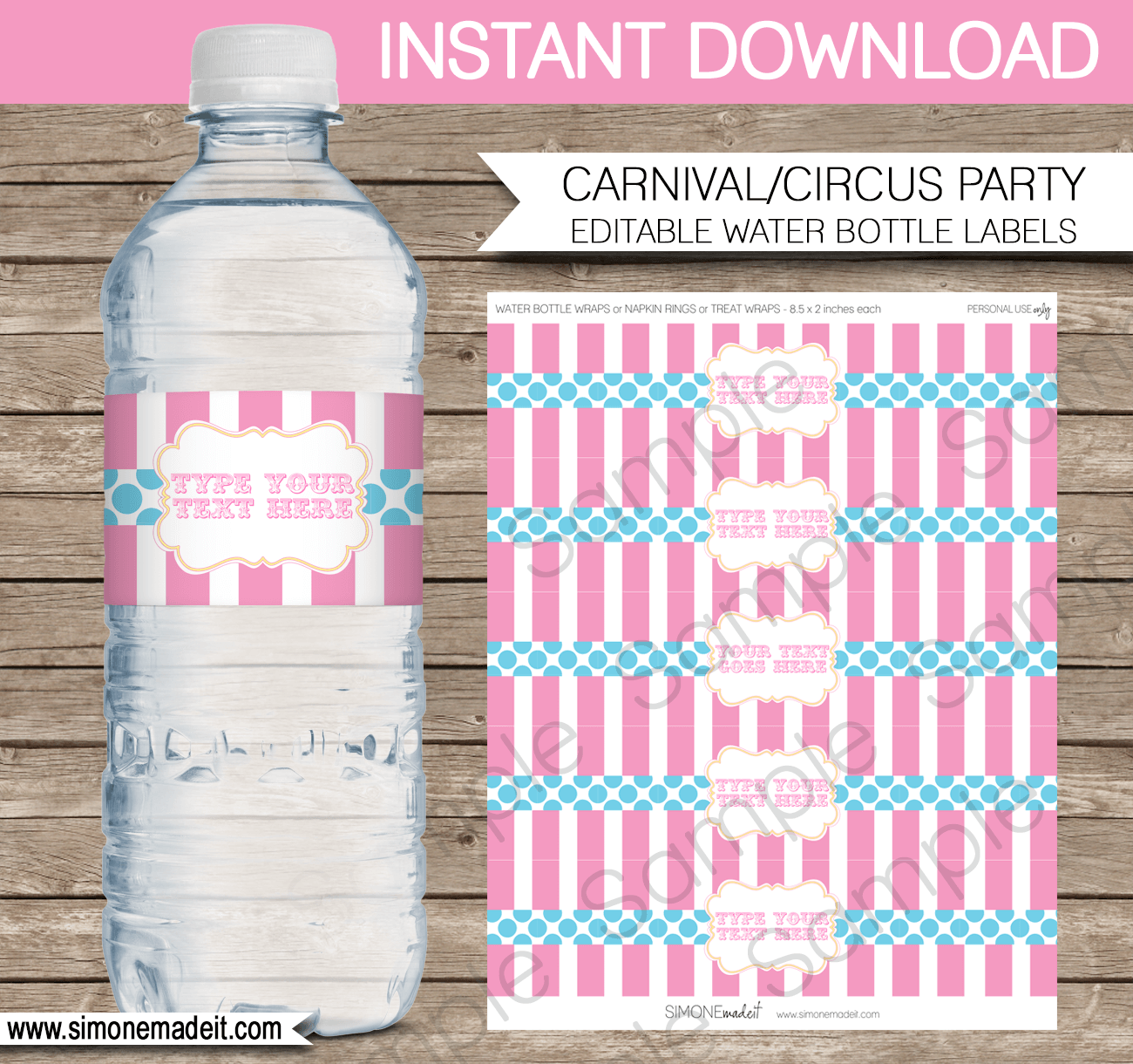 Editable Carnival Water Bottle Labels | Pink Aqua Carnival Party | Circus Birthday Party | Printable Decorations | DIY Template | $3.00 INSTANT DOWNLOAD via SIMONEmadeit.com