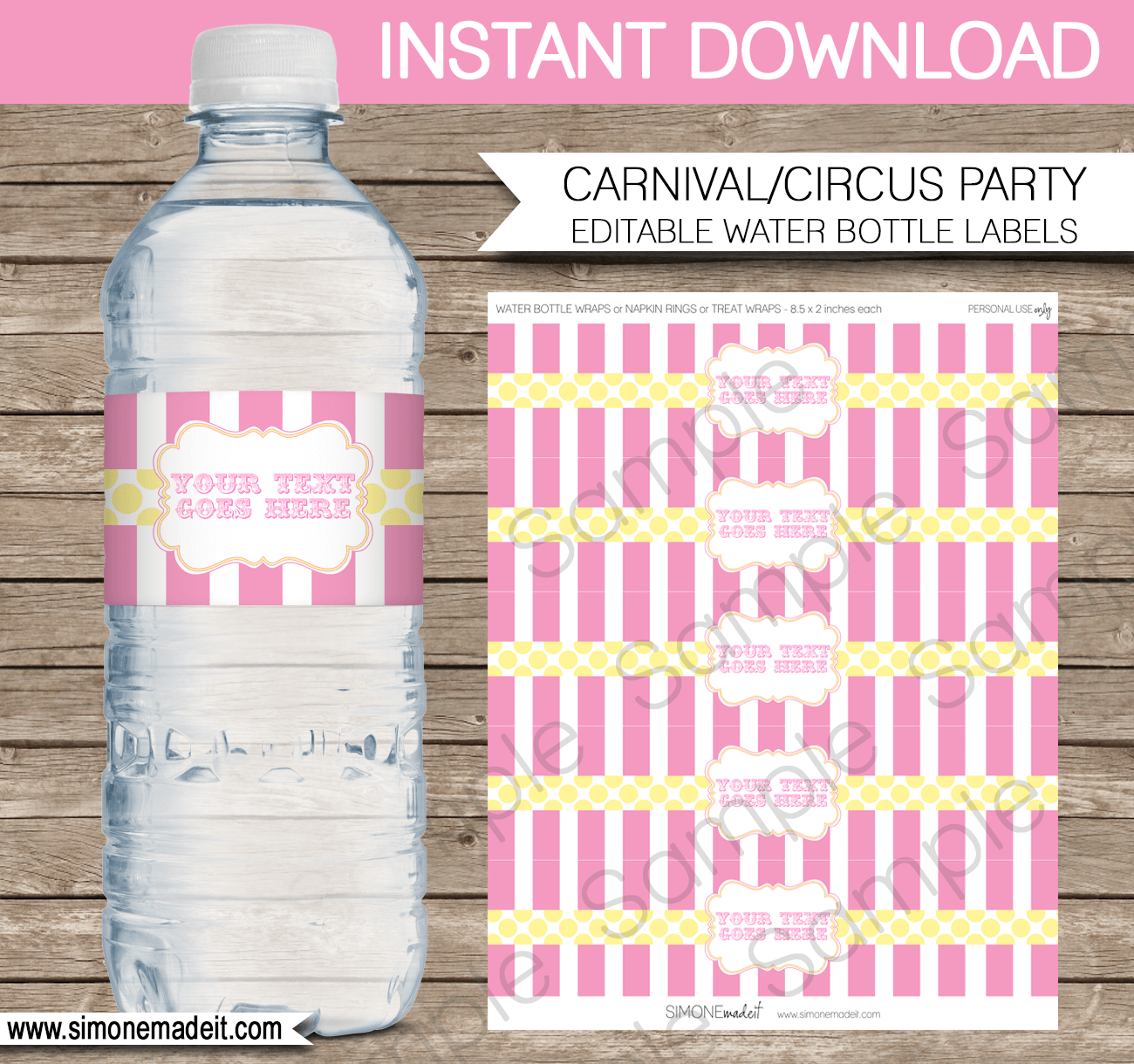 Editable Carnival Water Bottle Labels | Pink Yellow Carnival Party | Circus Birthday Party | Printable Decorations | DIY Template | $3.00 INSTANT DOWNLOAD via SIMONEmadeit.com