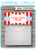 Circus Party Favor Bag Toppers template – red/aqua