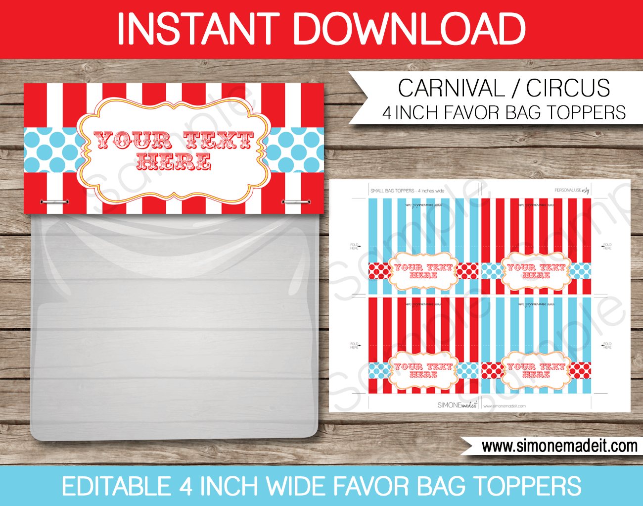 Editable Circus Party Favor Bag Toppers | Carnival or Circus Party Favors | Printable DIY Template | $3.00 INSTANT DOWNLOAD via SIMONEmadeit.com