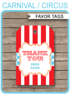 Circus Party Favor Tags | Thank You Tags | Red and Aqua | Birthday Party | Editable DIY Template